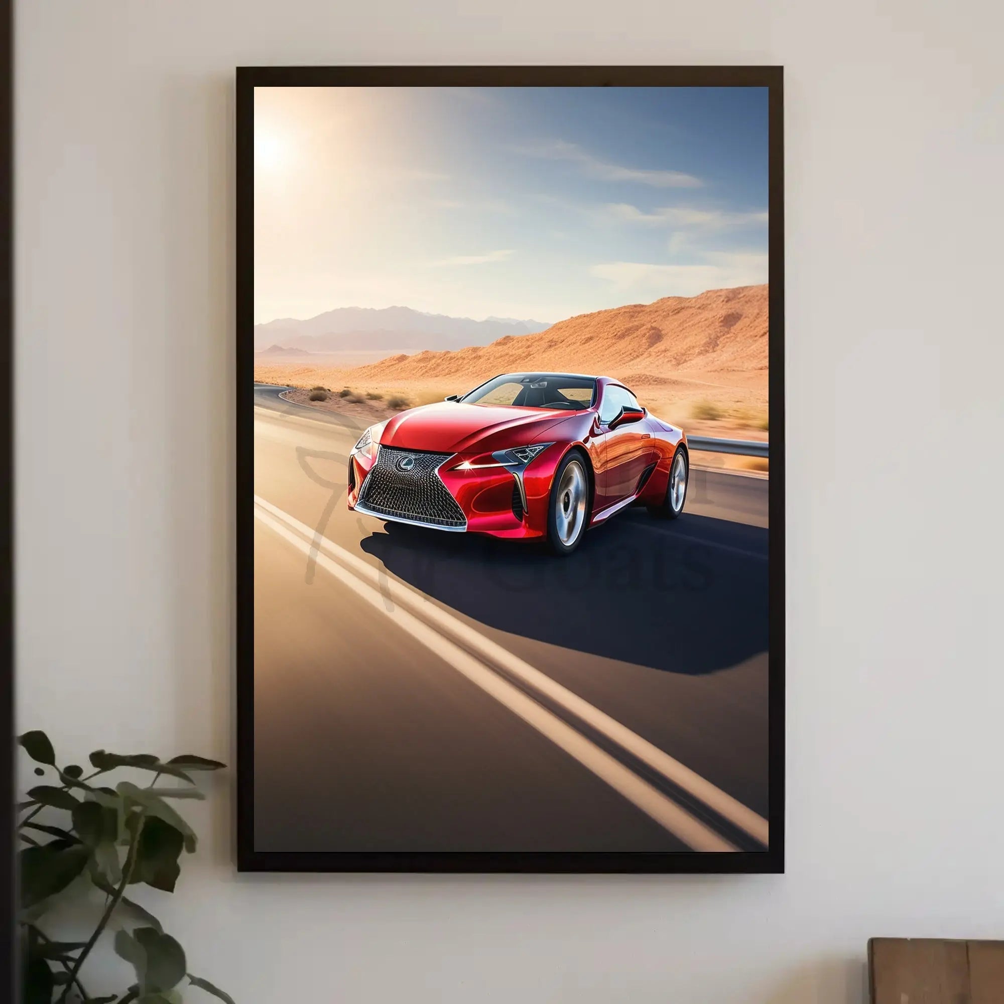 Sleek Red Sports Car Desert Highway Travel Poster PosterGoat
