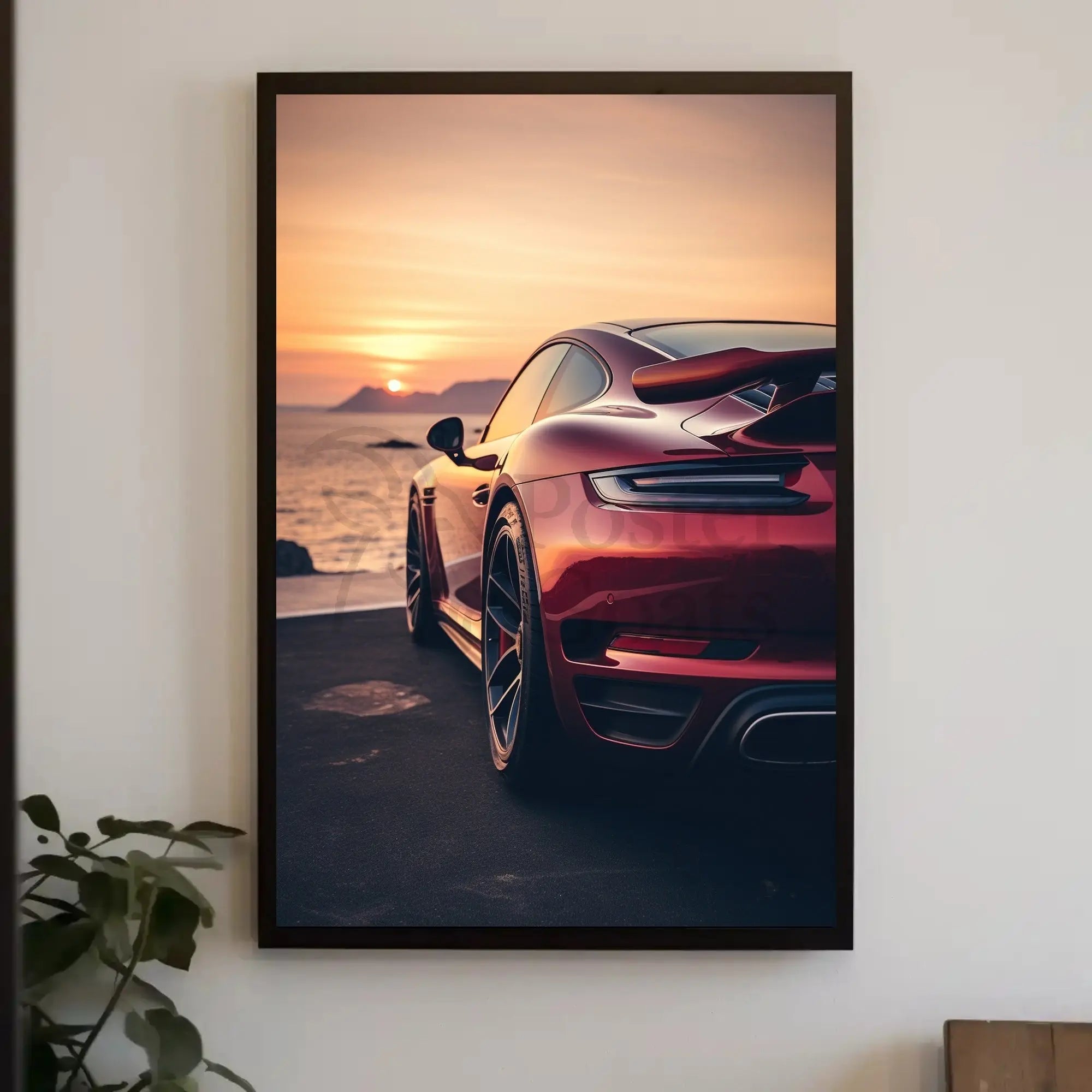 Sleek Red Sports Car Sunset Scene Artistic Poster PosterGoat