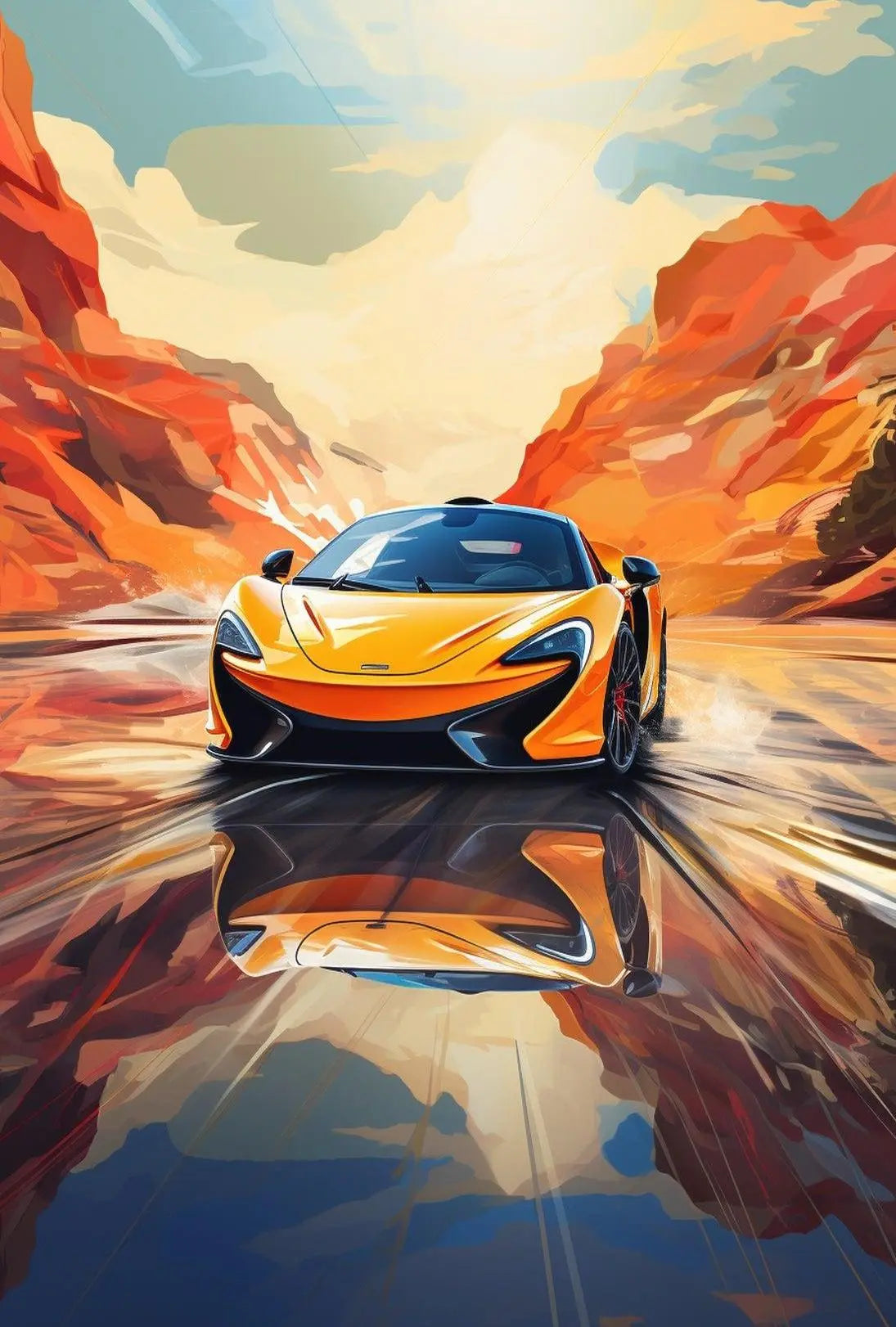 Sleek Sports Car Adventure in Desert Canyon Artistic Poster PosterGoat