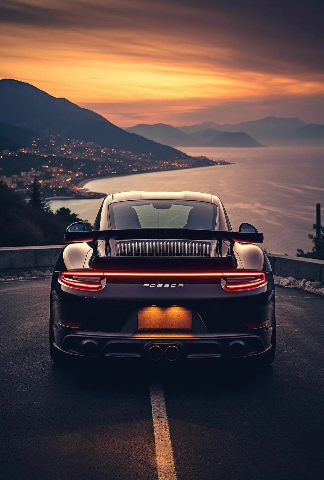 Sleek Sports Car Coastal Road Adventure Artistic Poster PosterGoat