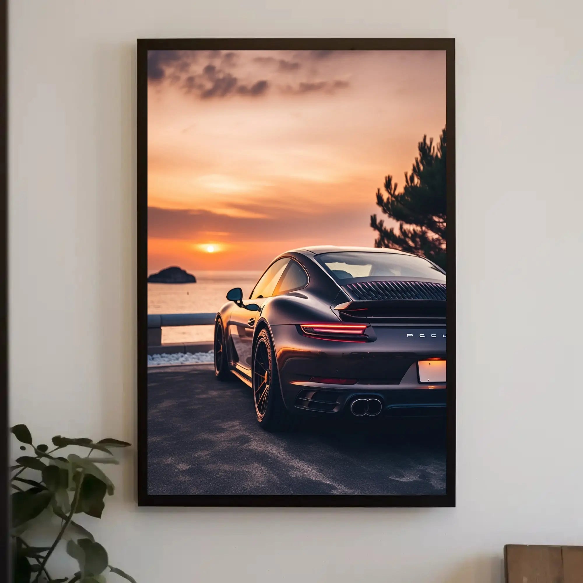 Sleek Sports Car by Coastal Sunset Travel Poster PosterGoat