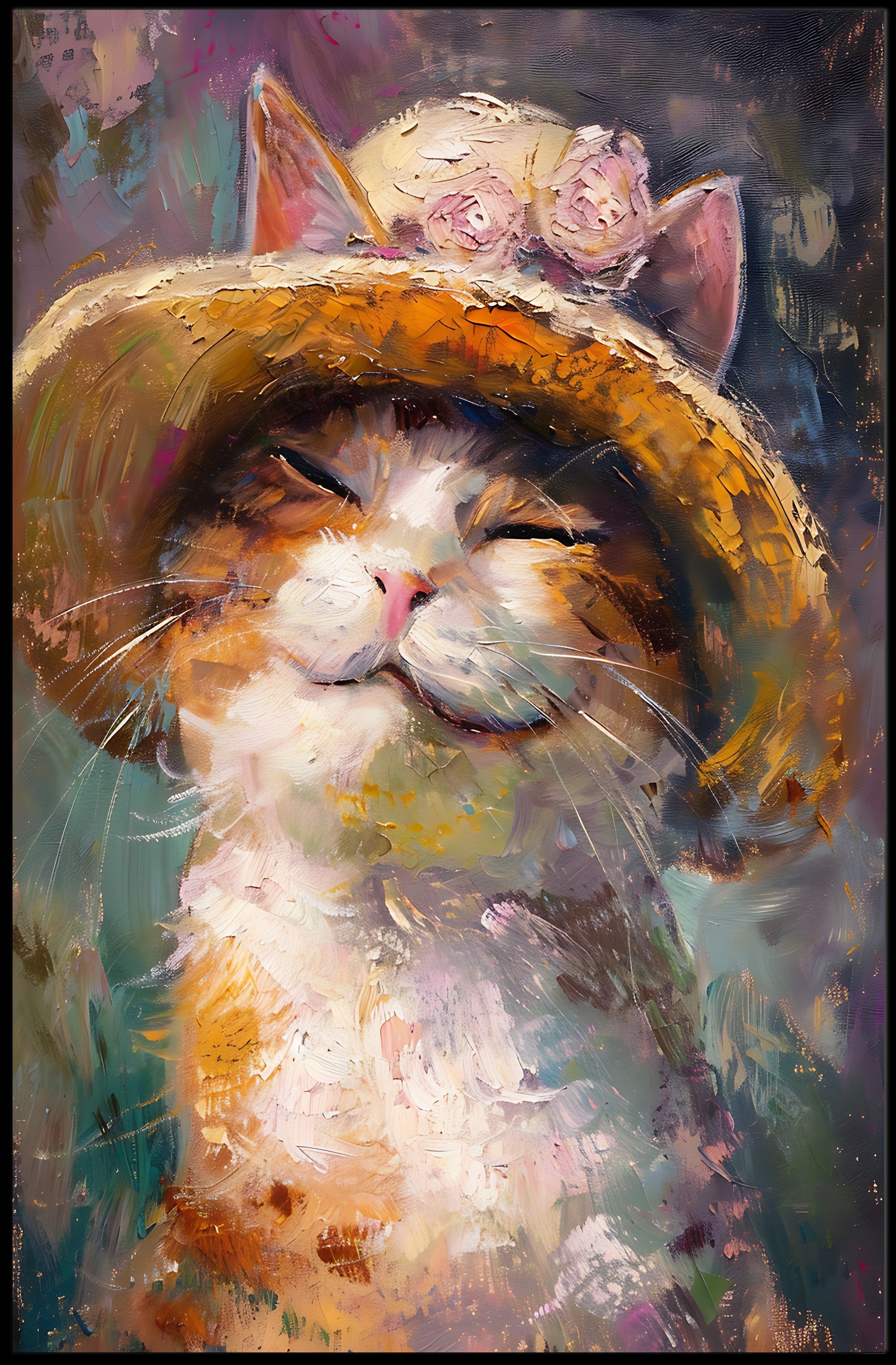 Smiling Cat with Straw Hat Animal Poster PosterGoat
