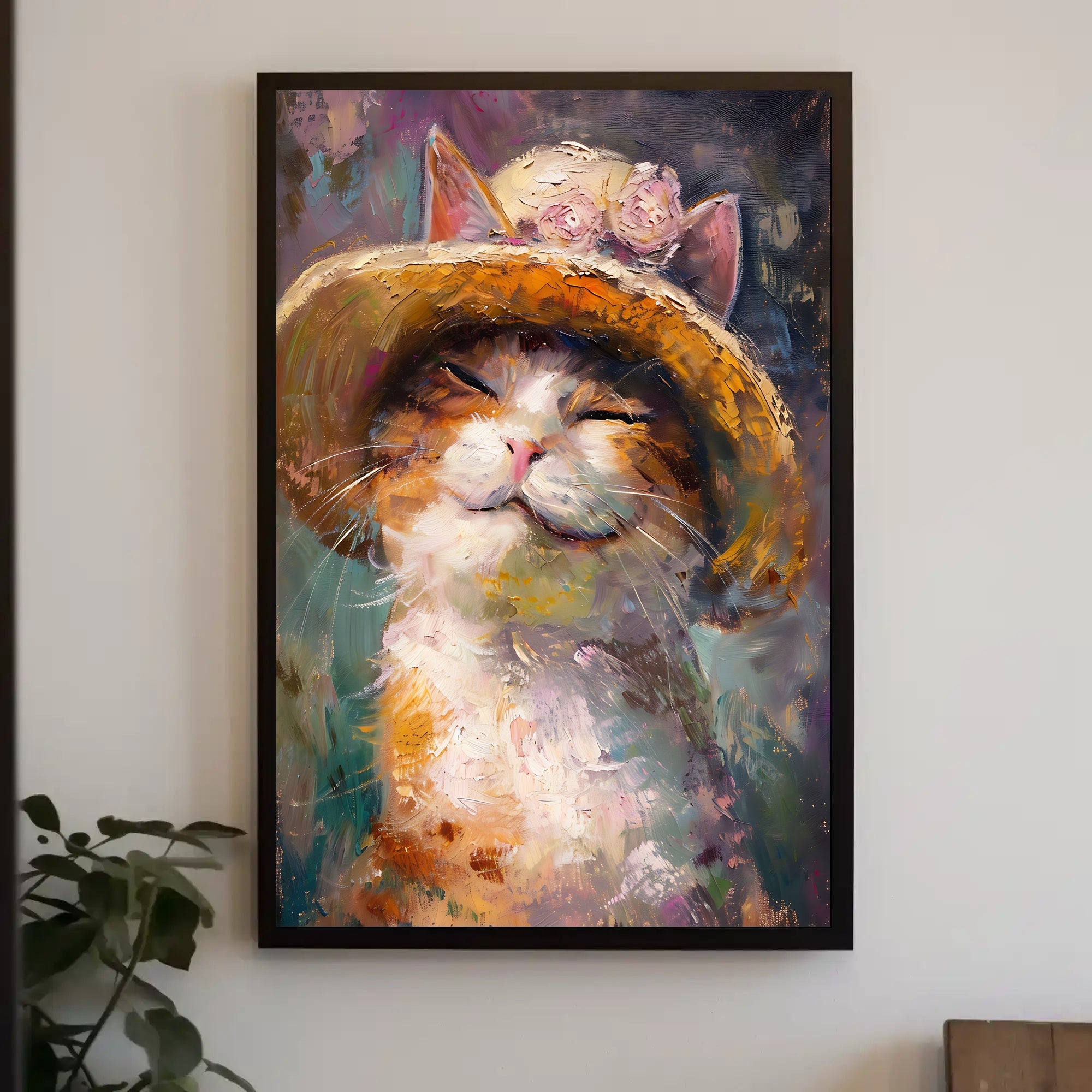 Smiling Cat with Straw Hat Animal Poster PosterGoat