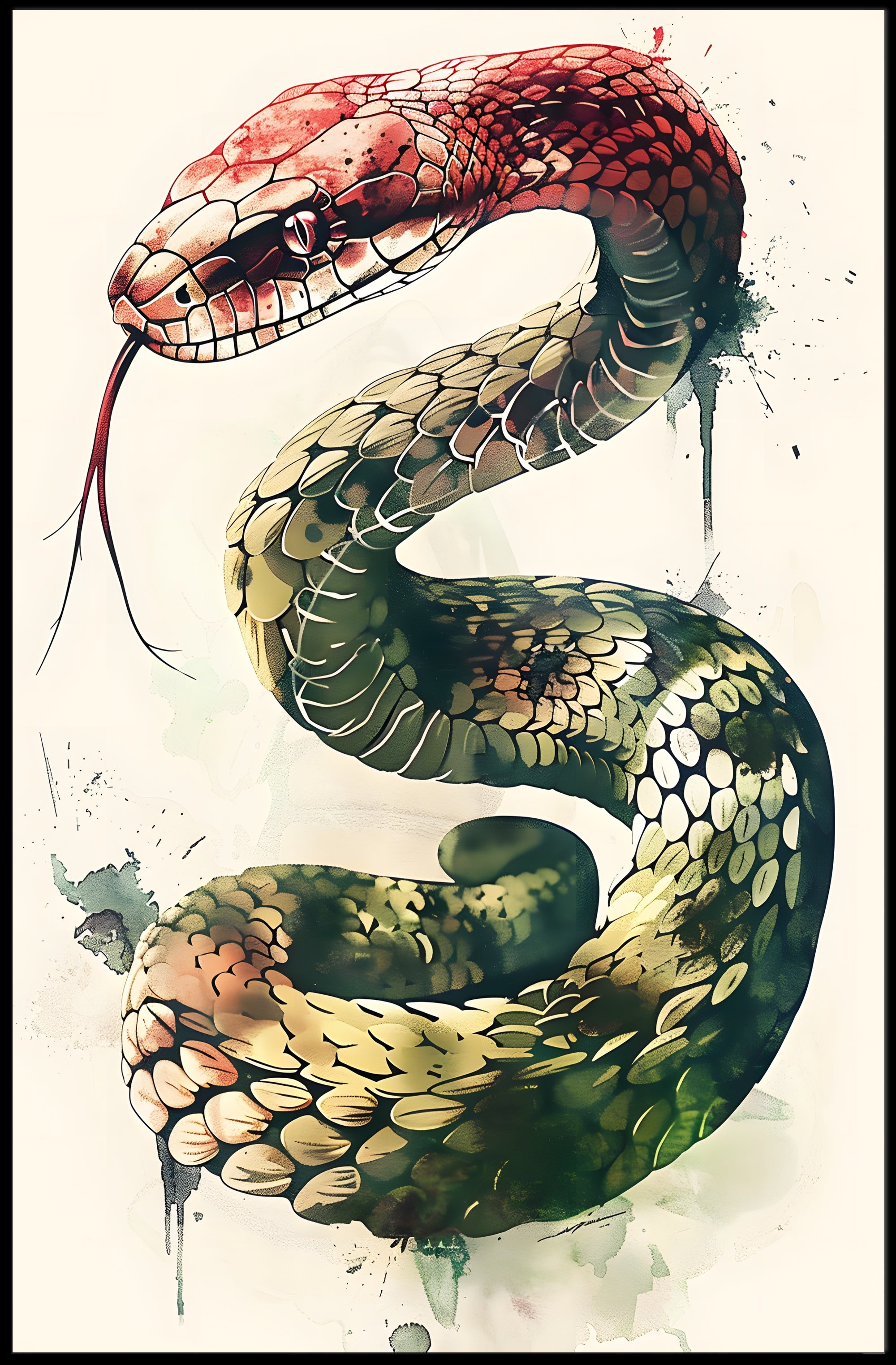 Snake Illustration with Watercolor and Ink Artistic Poster PosterGoat