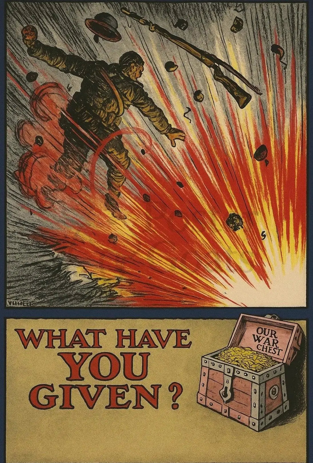 Soldier in Explosion: WWI Propaganda Poster PosterGoat