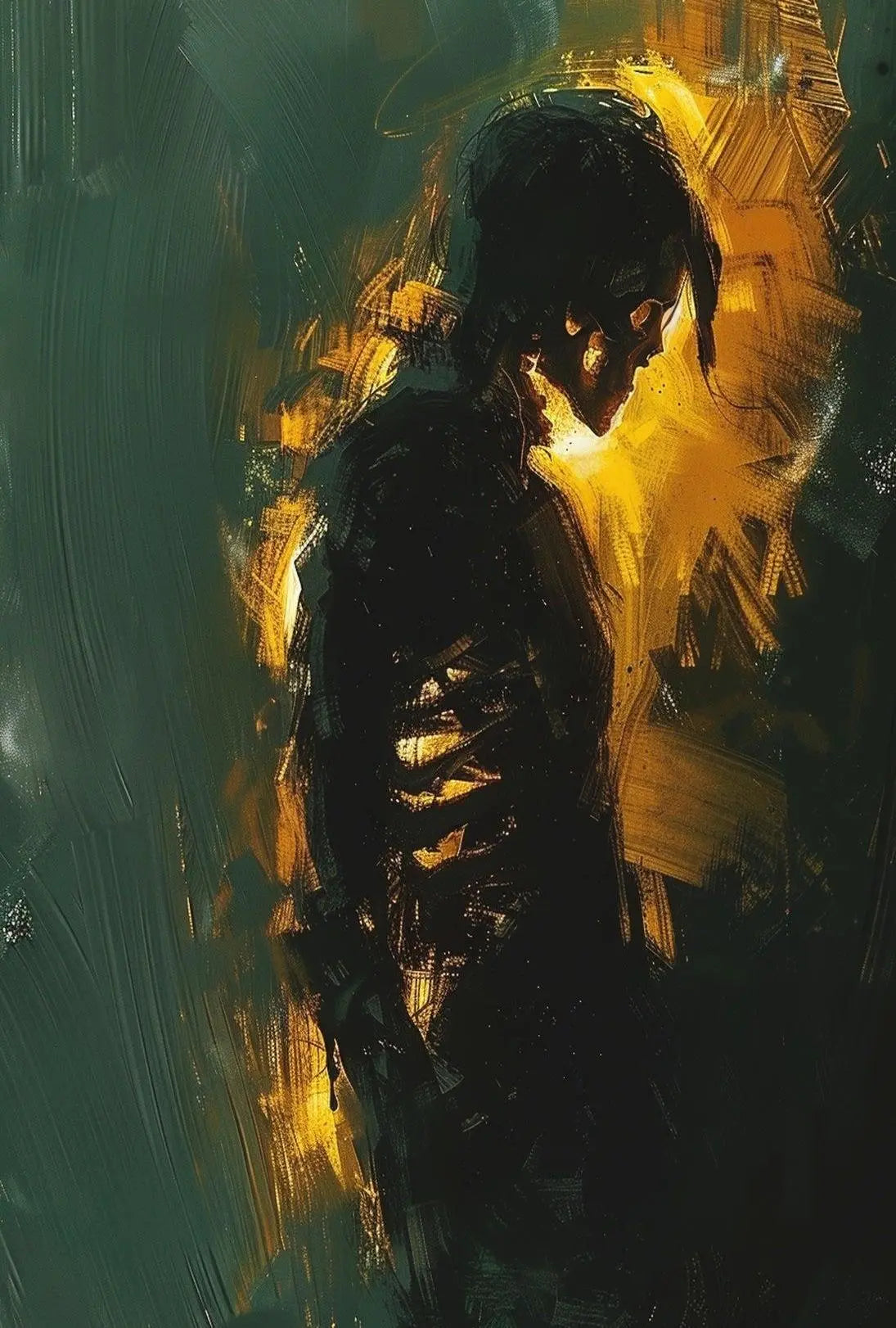 Solitary Figure in Shadows: Introspective Art Poster PosterGoat