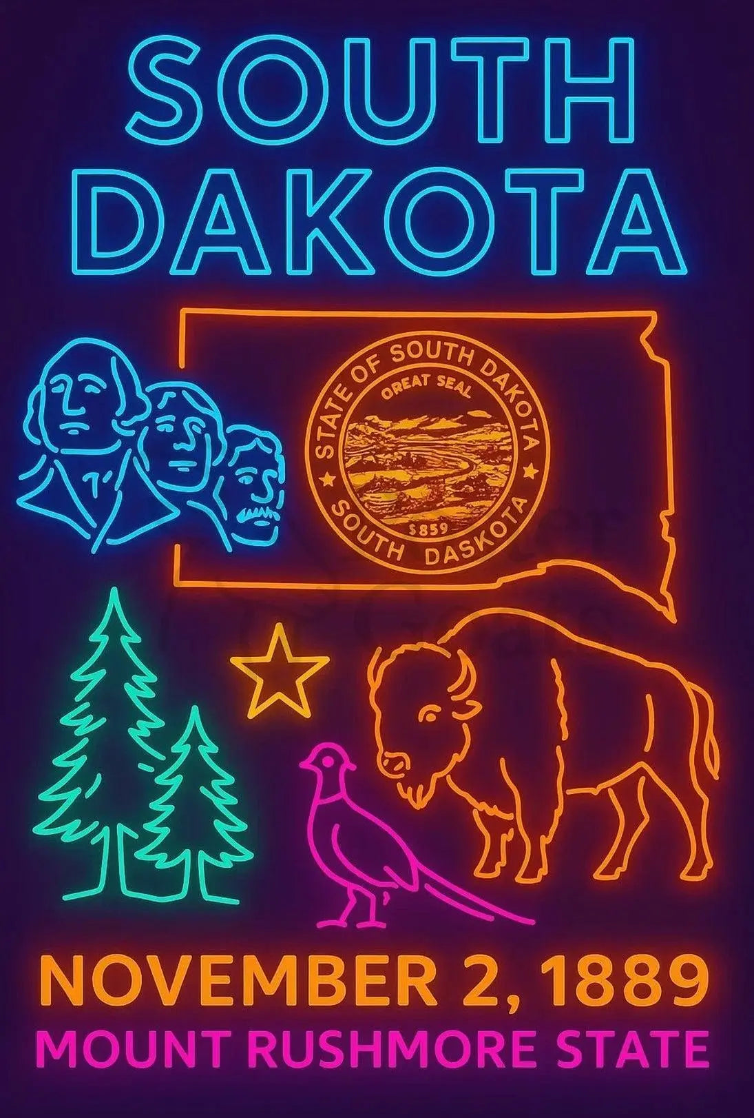 South Dakota Statehood Celebration Vintage Neon Heritage Poster PosterGoat
