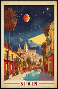 Spanish Street Scene with Red Moon Travel Poster PosterGoat
