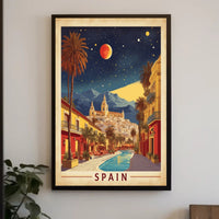 Spanish Street Scene with Red Moon Travel Poster PosterGoat