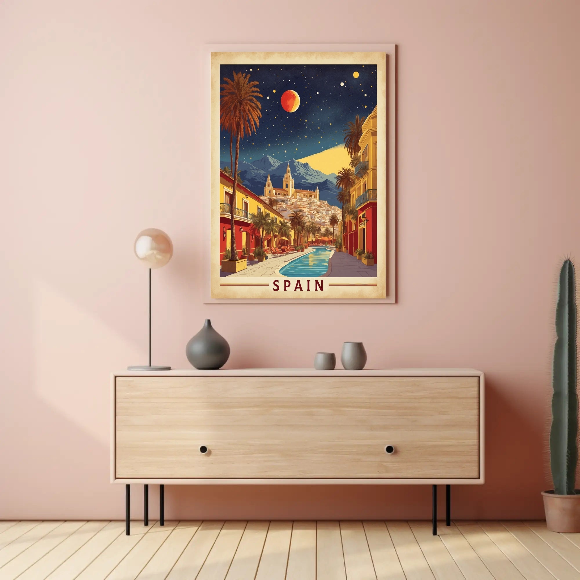 Spanish Street Scene with Red Moon Travel Poster PosterGoat