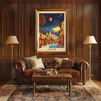 Spanish Street Scene with Red Moon Travel Poster PosterGoat