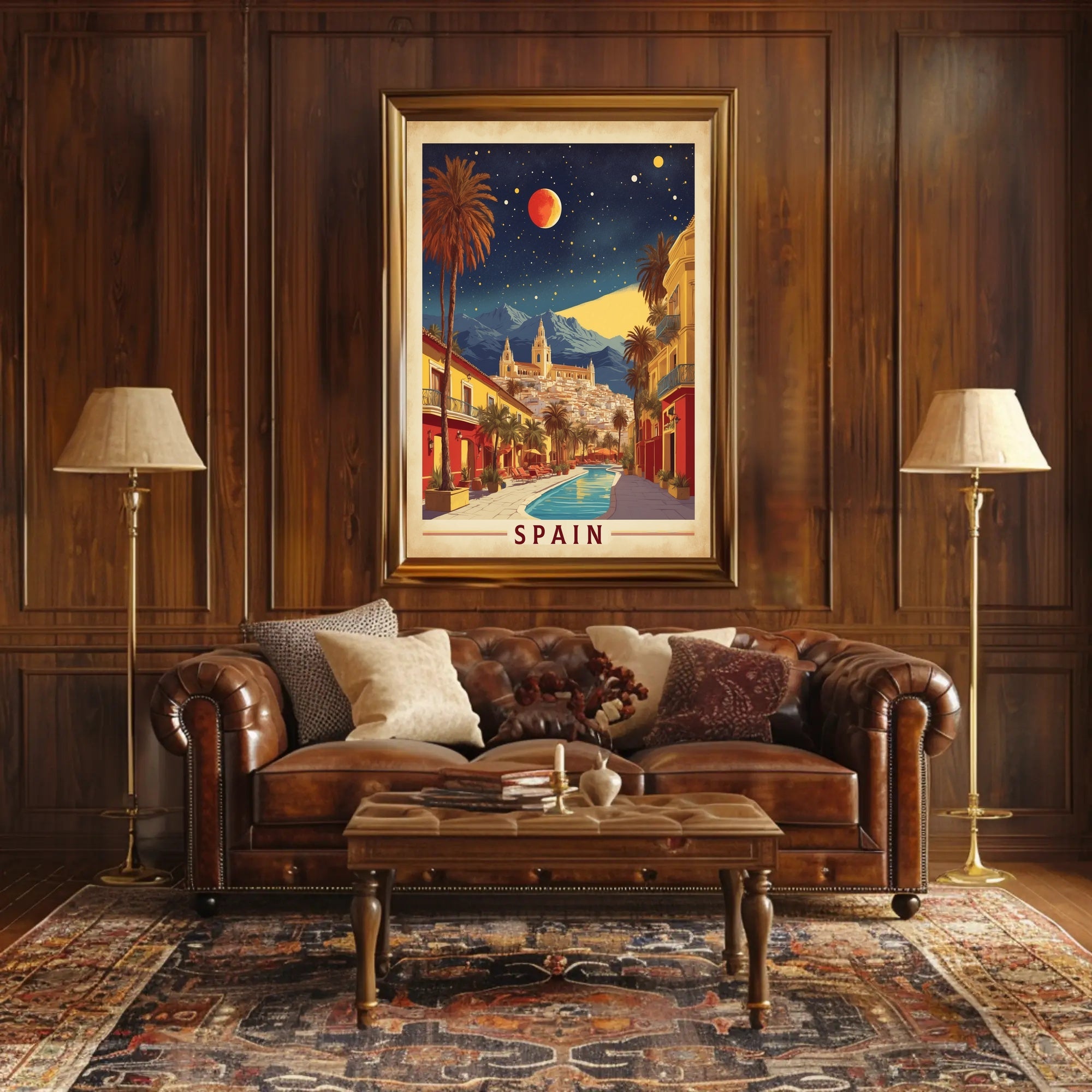 Spanish Street Scene with Red Moon Travel Poster PosterGoat