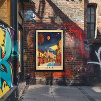 Spanish Street Scene with Red Moon Travel Poster PosterGoat