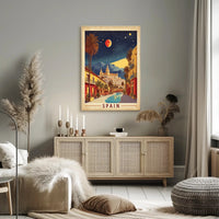 Spanish Street Scene with Red Moon Travel Poster PosterGoat