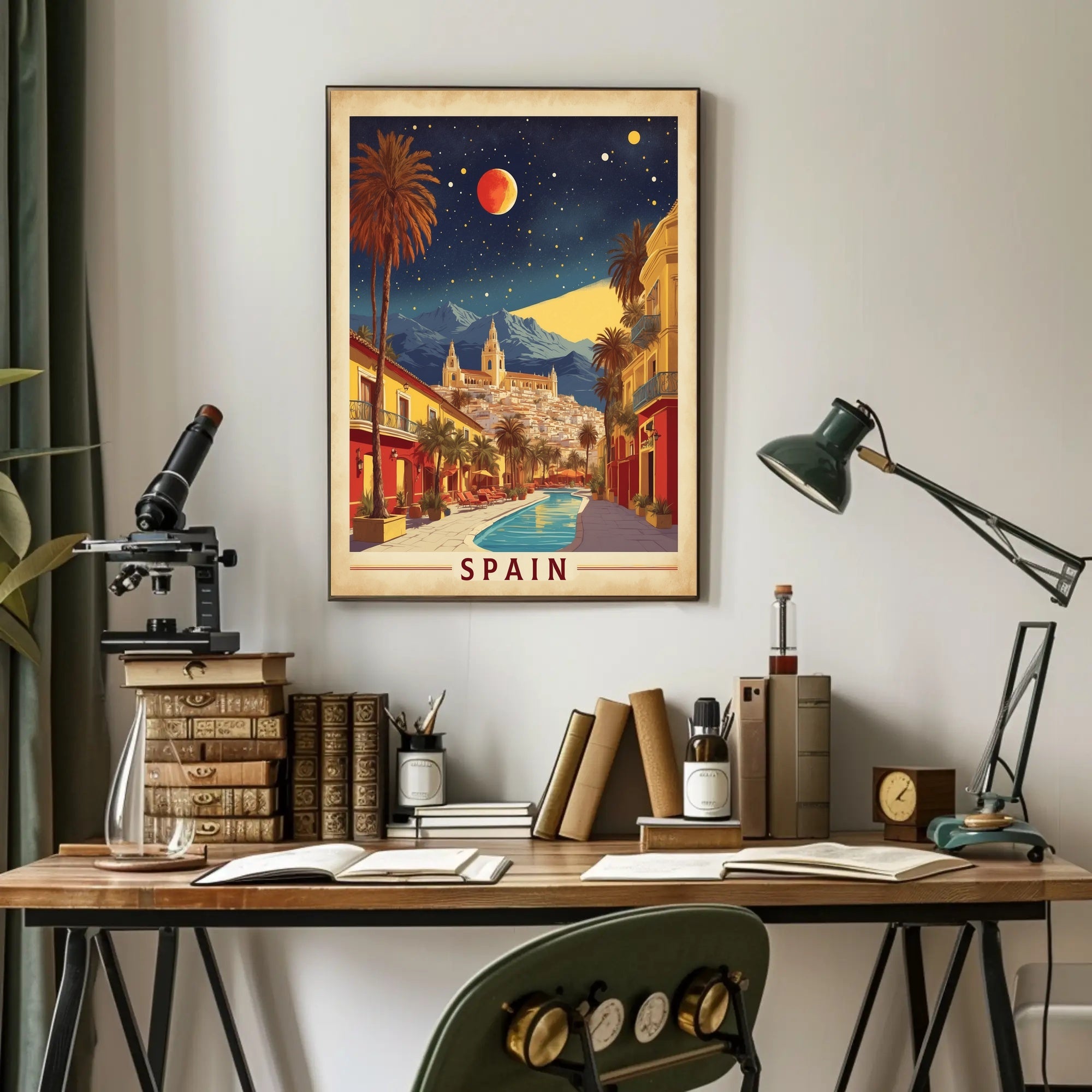 Spanish Street Scene with Red Moon Travel Poster PosterGoat