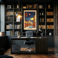 Spanish Street Scene with Red Moon Travel Poster PosterGoat