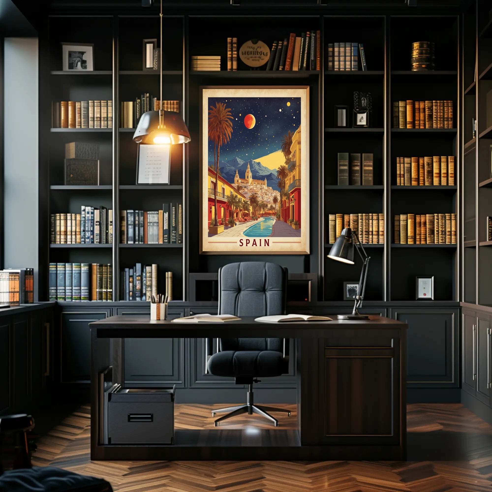 Spanish Street Scene with Red Moon Travel Poster PosterGoat