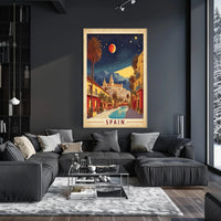 Spanish Street Scene with Red Moon Travel Poster PosterGoat