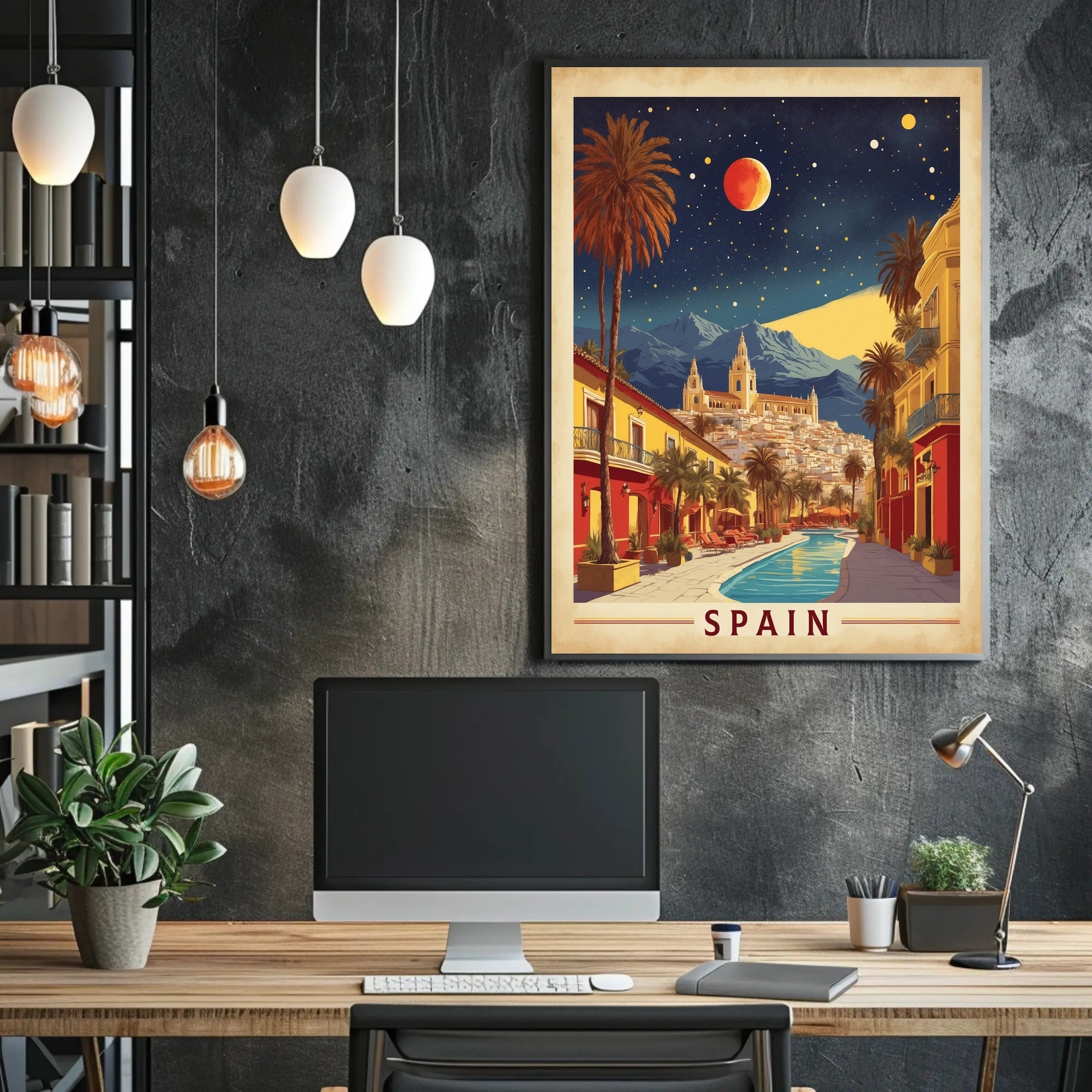 Spanish Street Scene with Red Moon Travel Poster PosterGoat