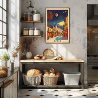 Spanish Street Scene with Red Moon Travel Poster PosterGoat