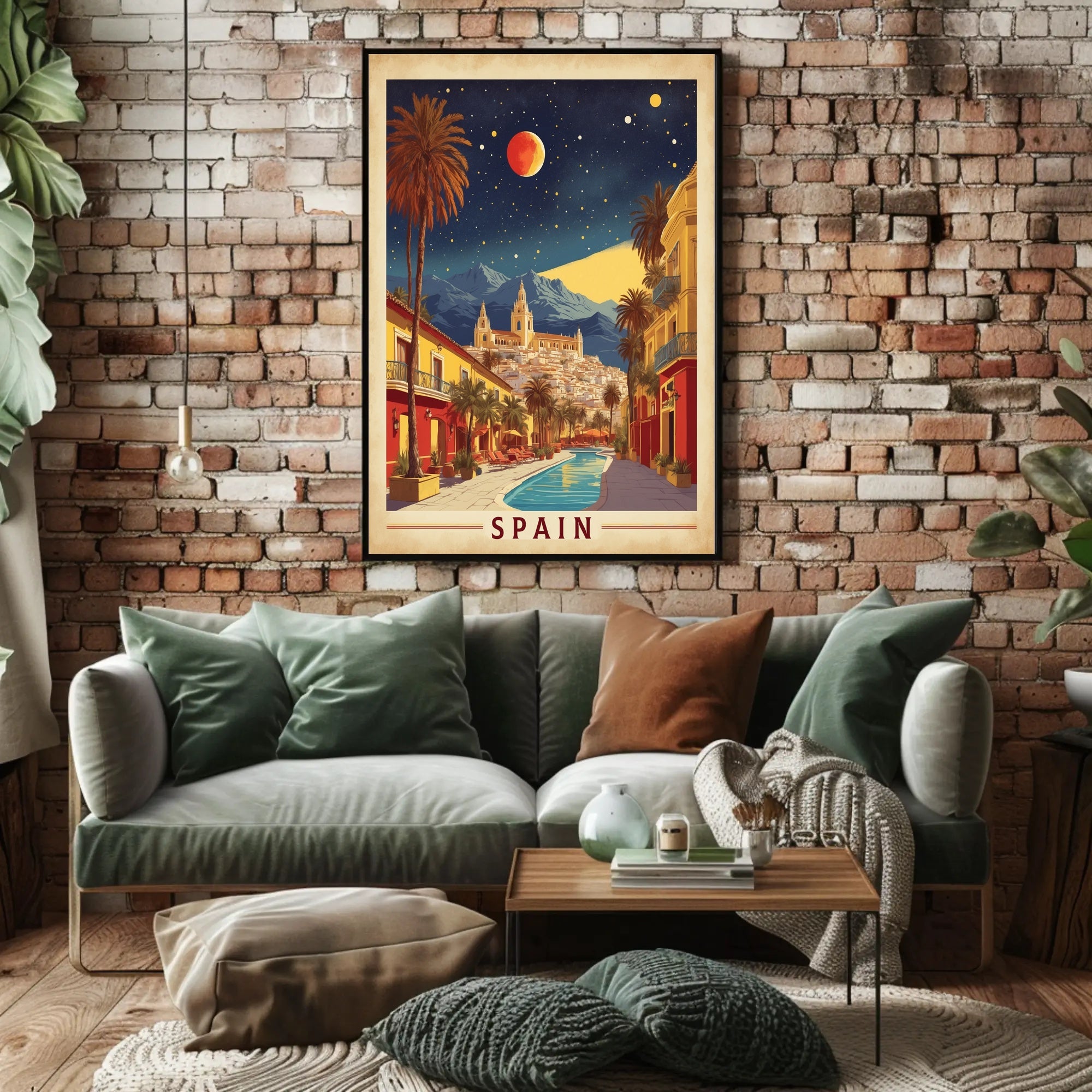 Spanish Street Scene with Red Moon Travel Poster PosterGoat