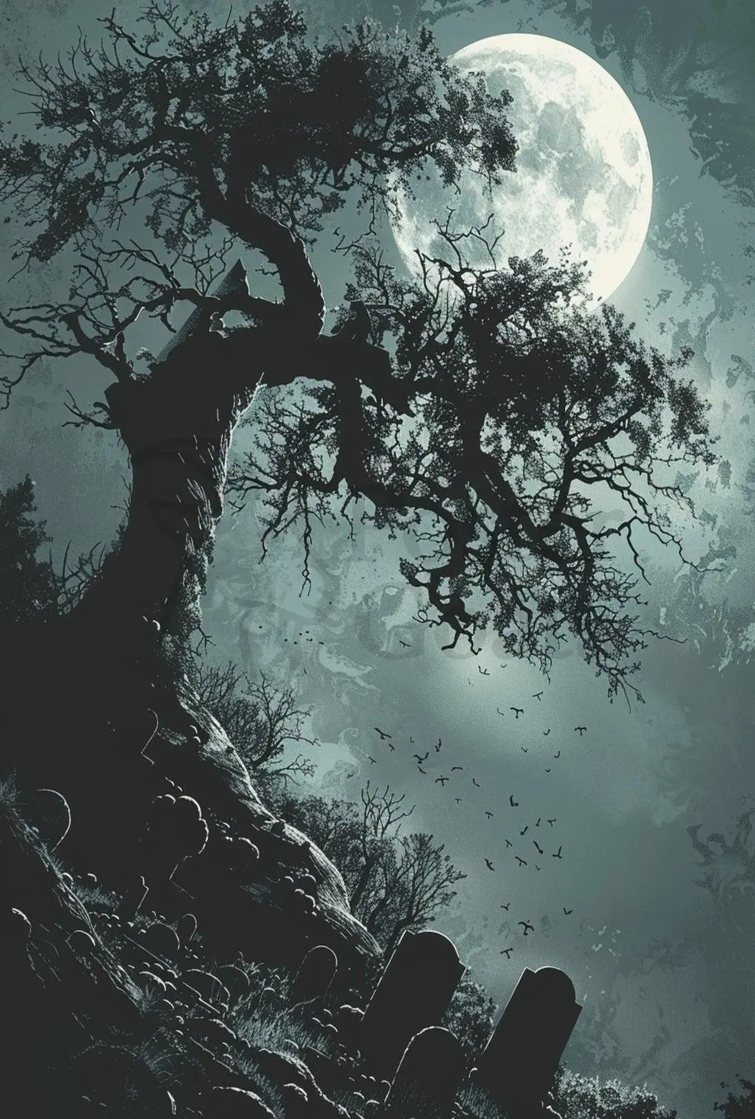 Spooky Graveyard Scene Under Moonlight Artistic Poster PosterGoat