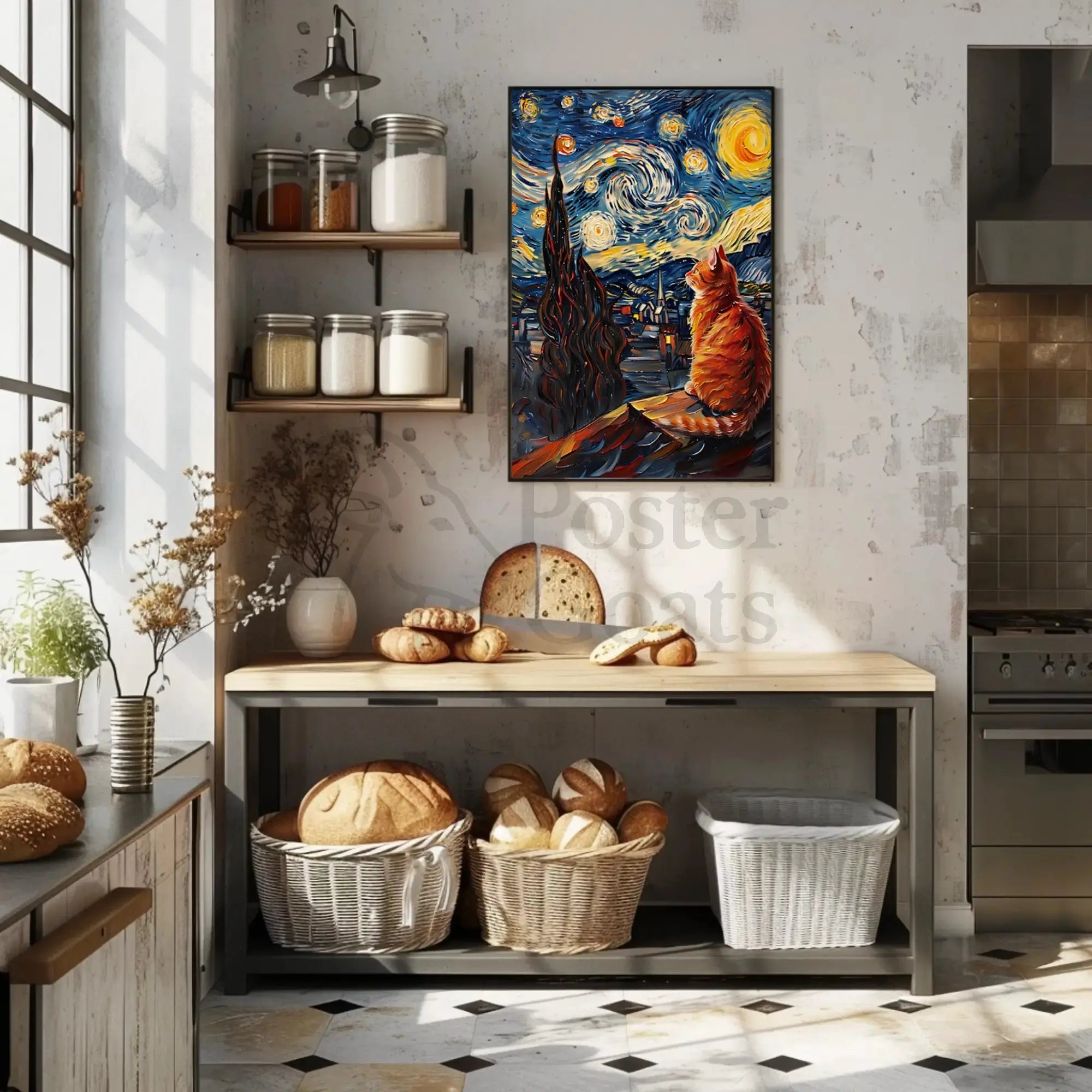 Starry Night Cat Art Print Abstract, Artistic, or Pop Culture Poster PosterGoat