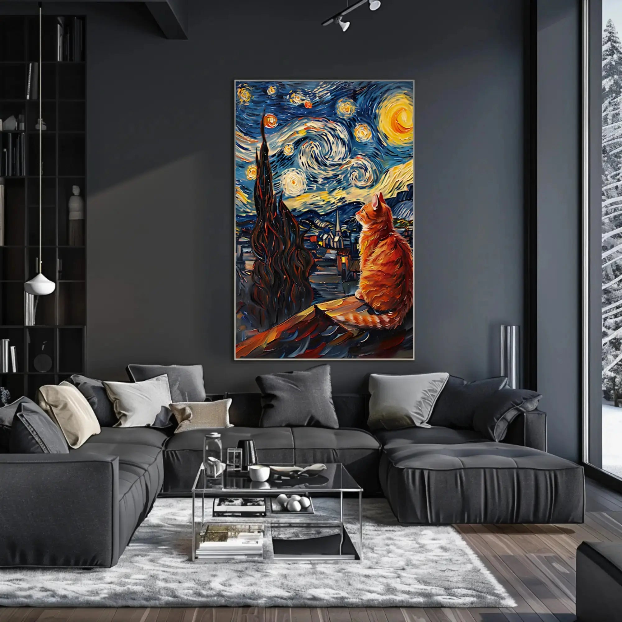 Starry Night Cat Art Print Abstract, Artistic, or Pop Culture Poster PosterGoat