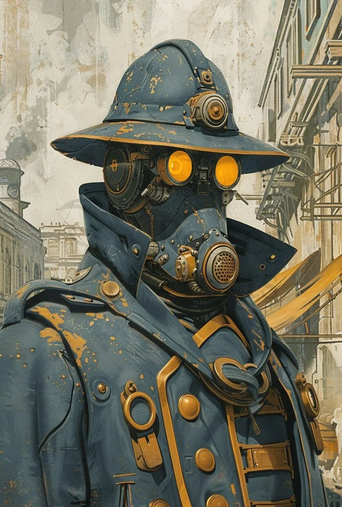 Steampunk Figure in Urban Setting Futuristic Sci-Fi Poster PosterGoat