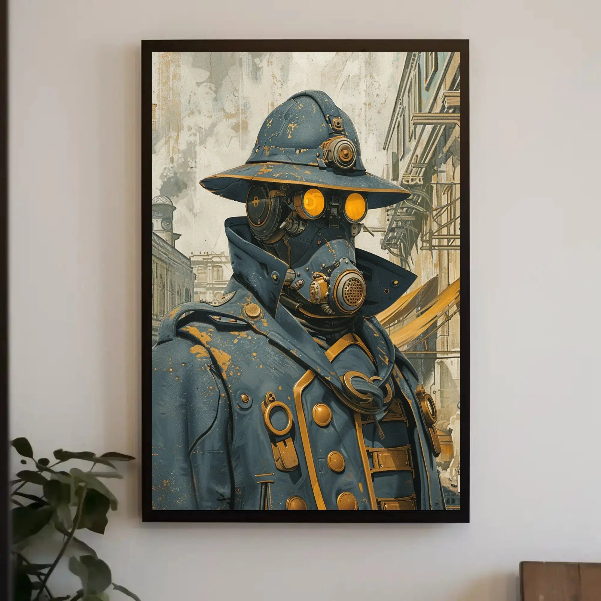 Steampunk Figure in Urban Setting Futuristic Sci-Fi Poster PosterGoat
