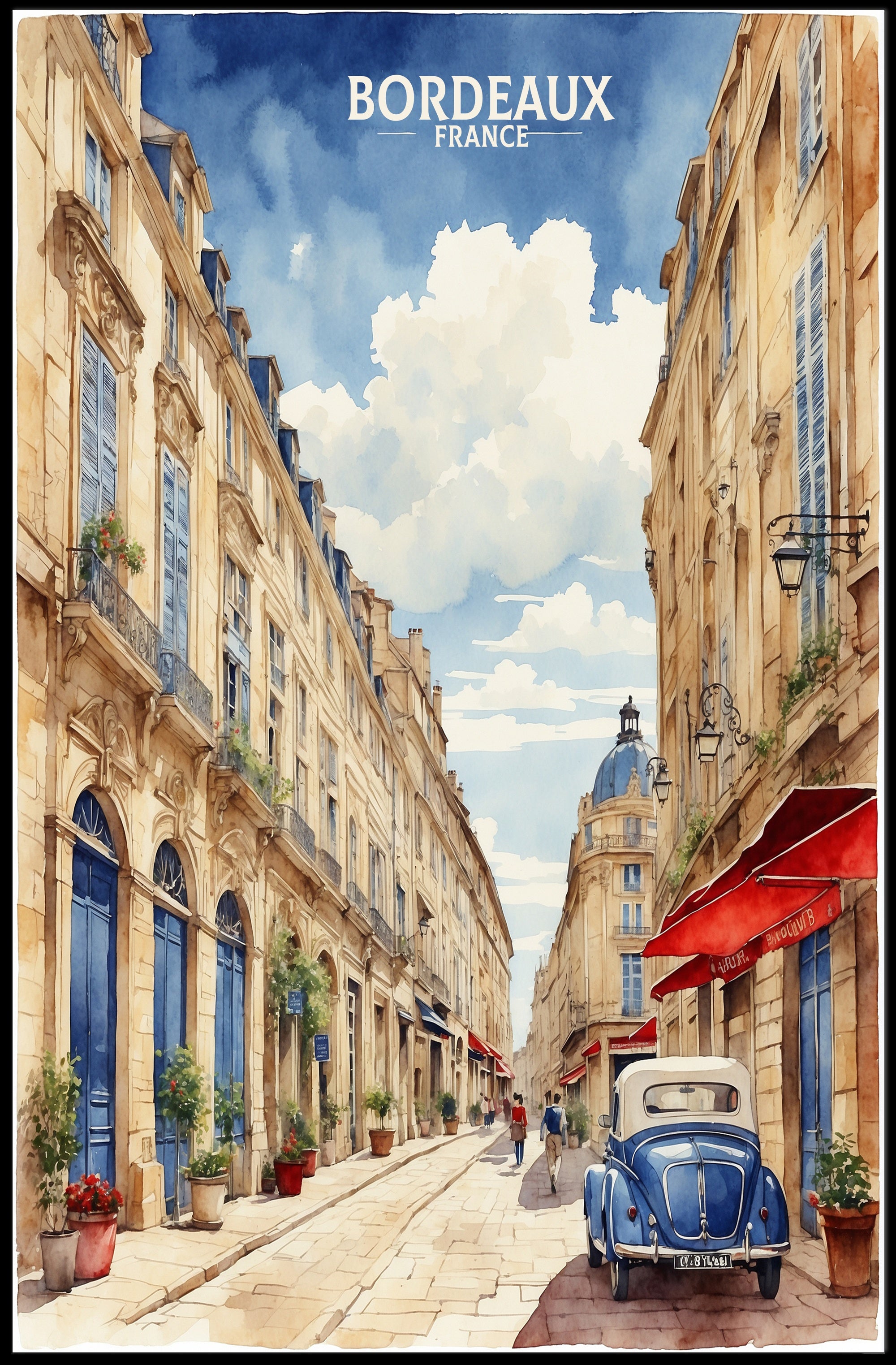 Street View of Bordeaux Watercolor Urban or Cityscape Poster PosterGoat