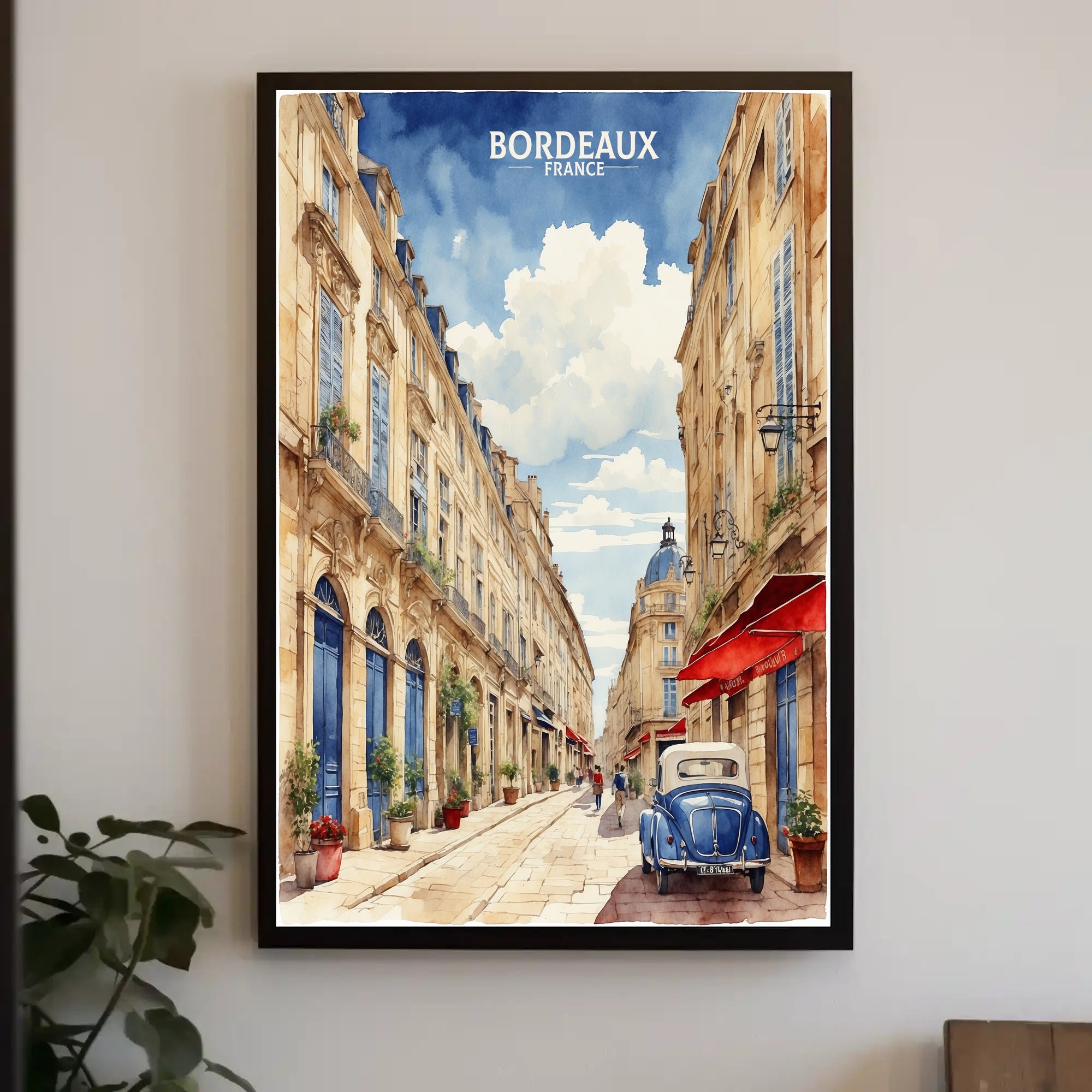 Street View of Bordeaux Watercolor Urban or Cityscape Poster PosterGoat