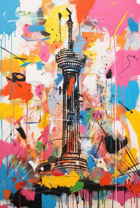 Stylized Abstract Tower with Vibrant Colors Artistic Poster PosterGoat