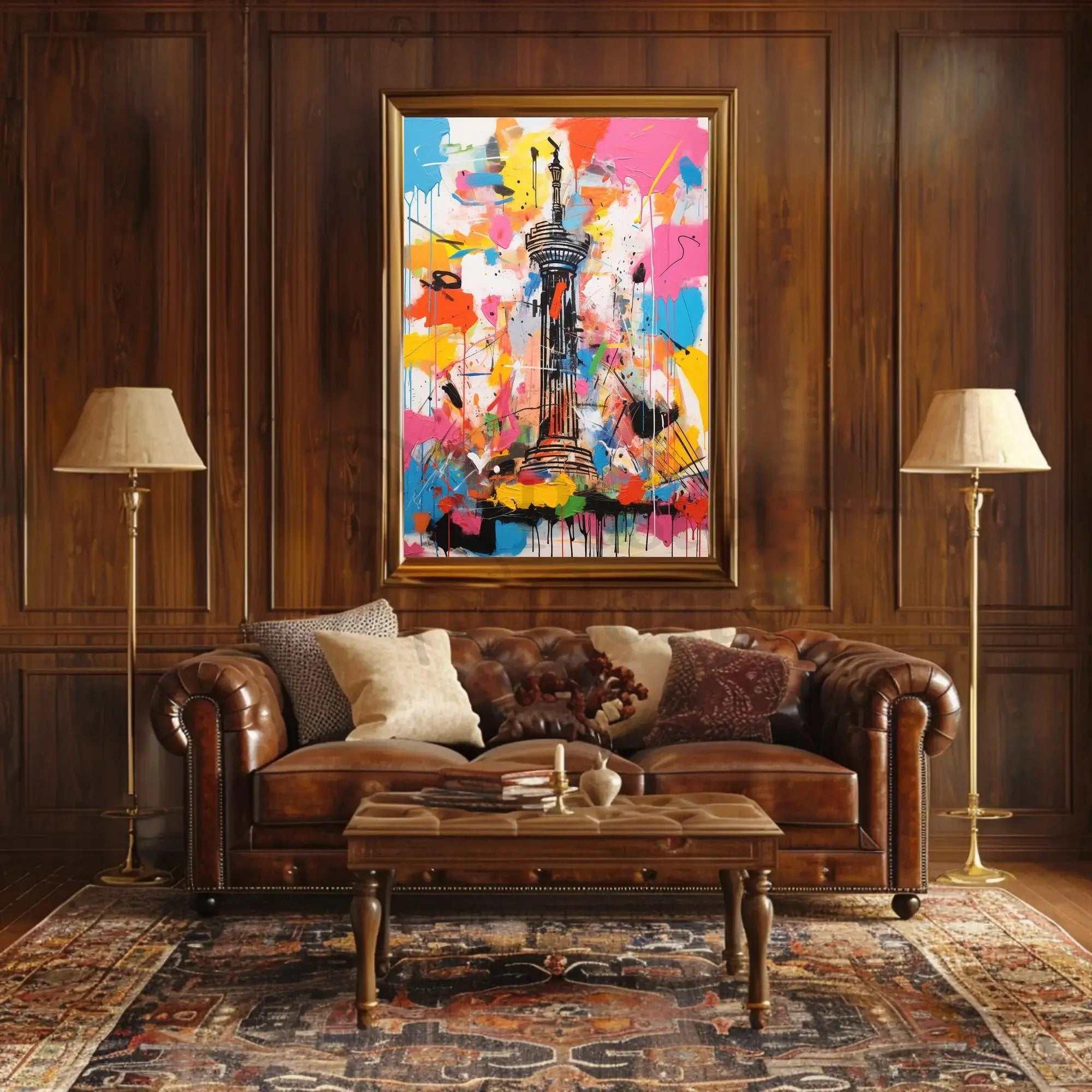 Stylized Abstract Tower with Vibrant Colors Artistic Poster PosterGoat