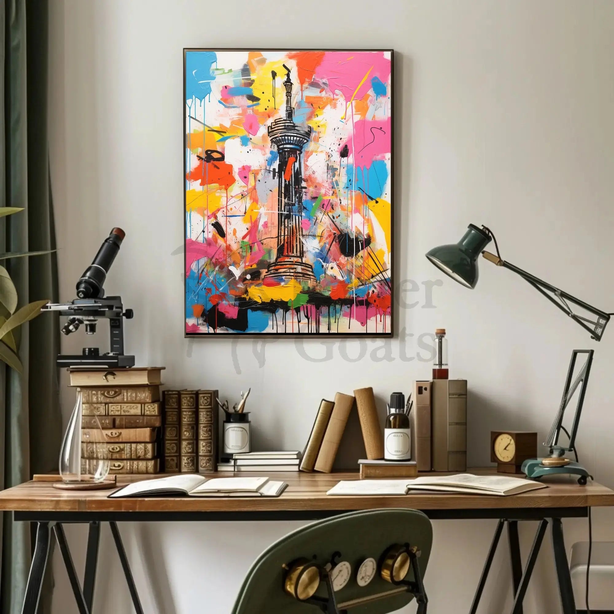 Stylized Abstract Tower with Vibrant Colors Artistic Poster PosterGoat