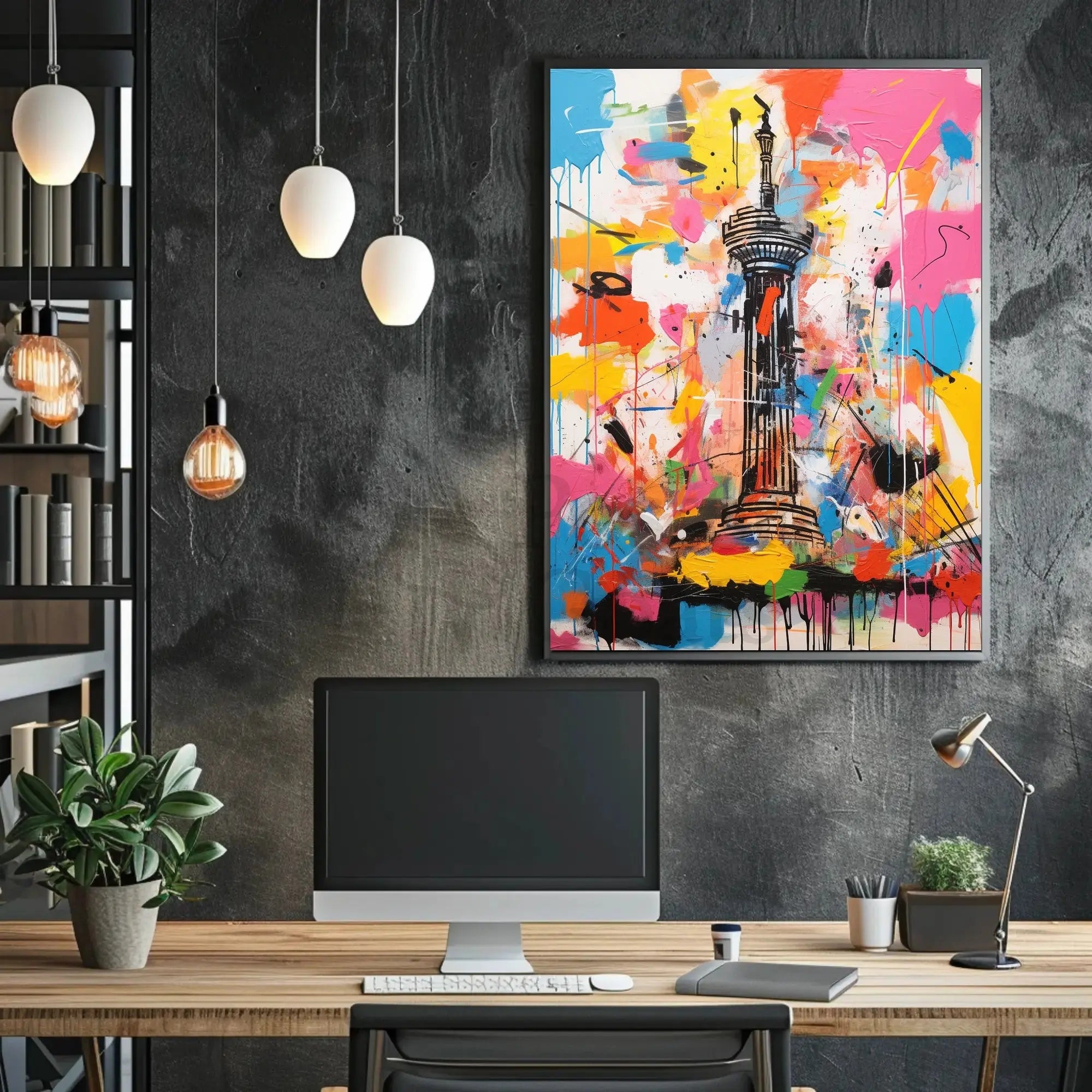Stylized Abstract Tower with Vibrant Colors Artistic Poster PosterGoat