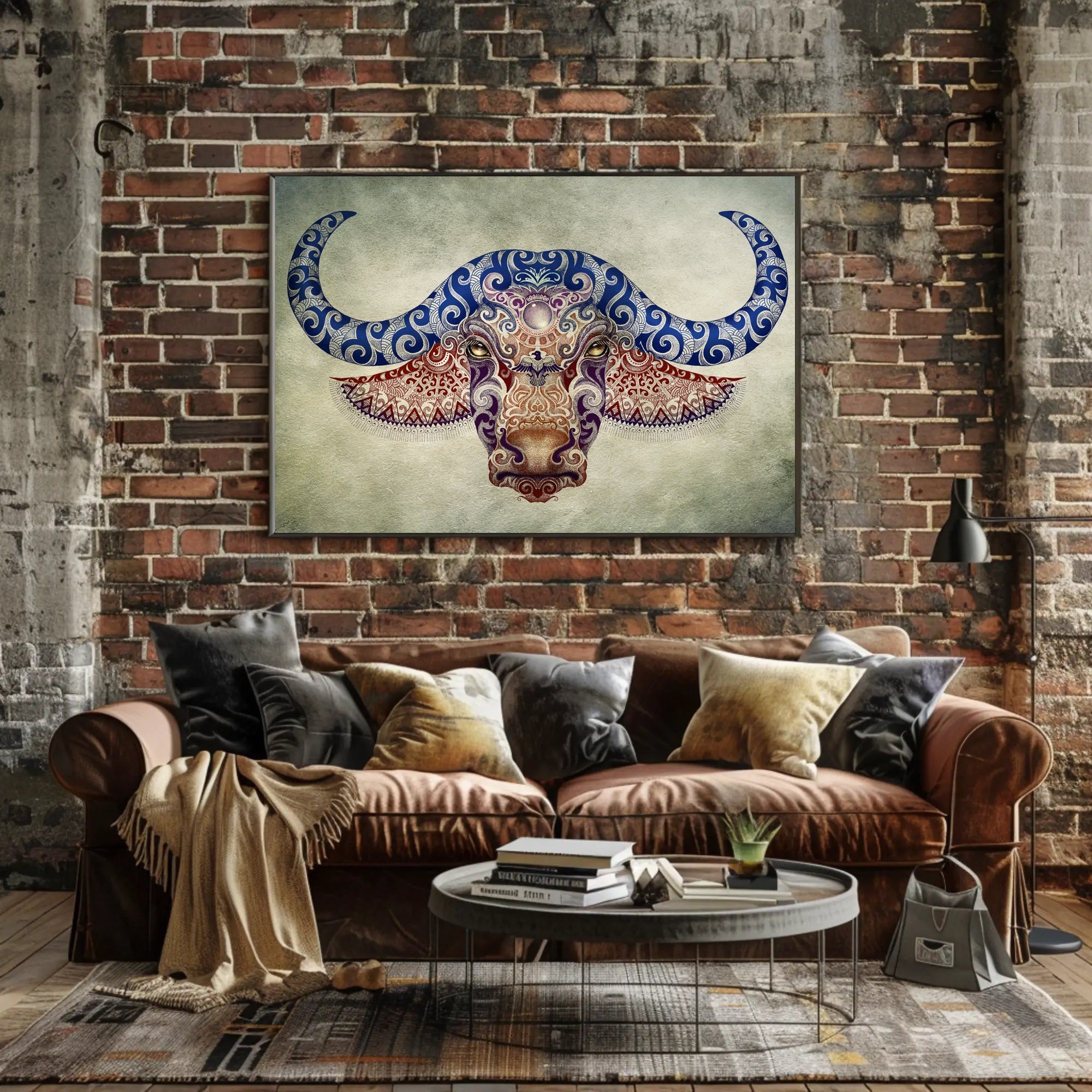 Stylized Buffalo Head with Blue Motifs Animal Poster PosterGoat