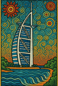 Stylized Burj Al Arab Coastal Art Travel Poster PosterGoat