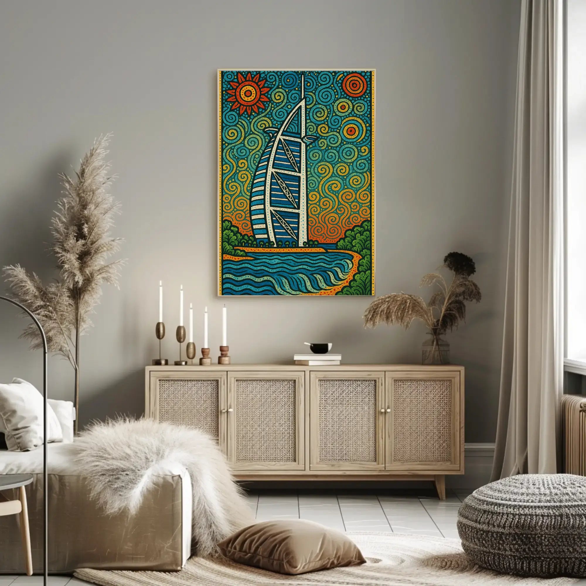 Stylized Burj Al Arab Coastal Art Travel Poster PosterGoat