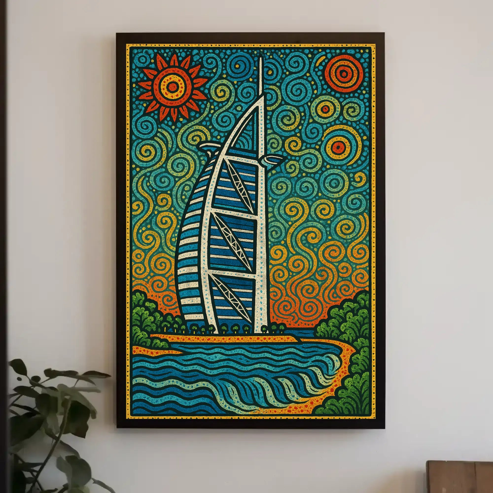 Stylized Burj Al Arab Coastal Art Travel Poster PosterGoat