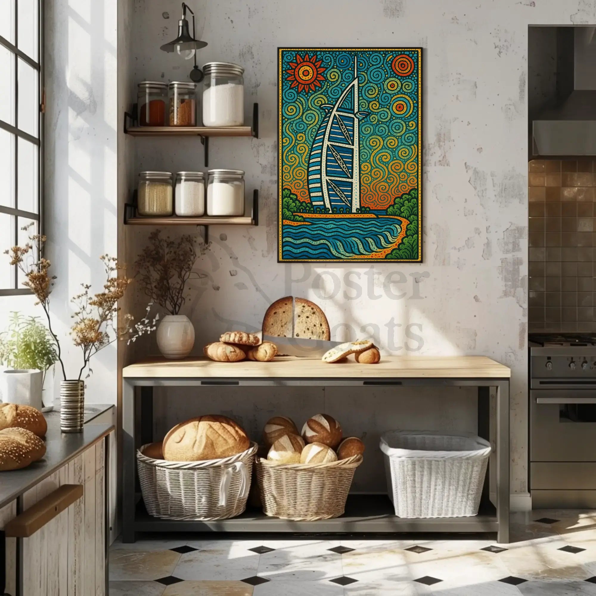 Stylized Burj Al Arab Coastal Art Travel Poster PosterGoat