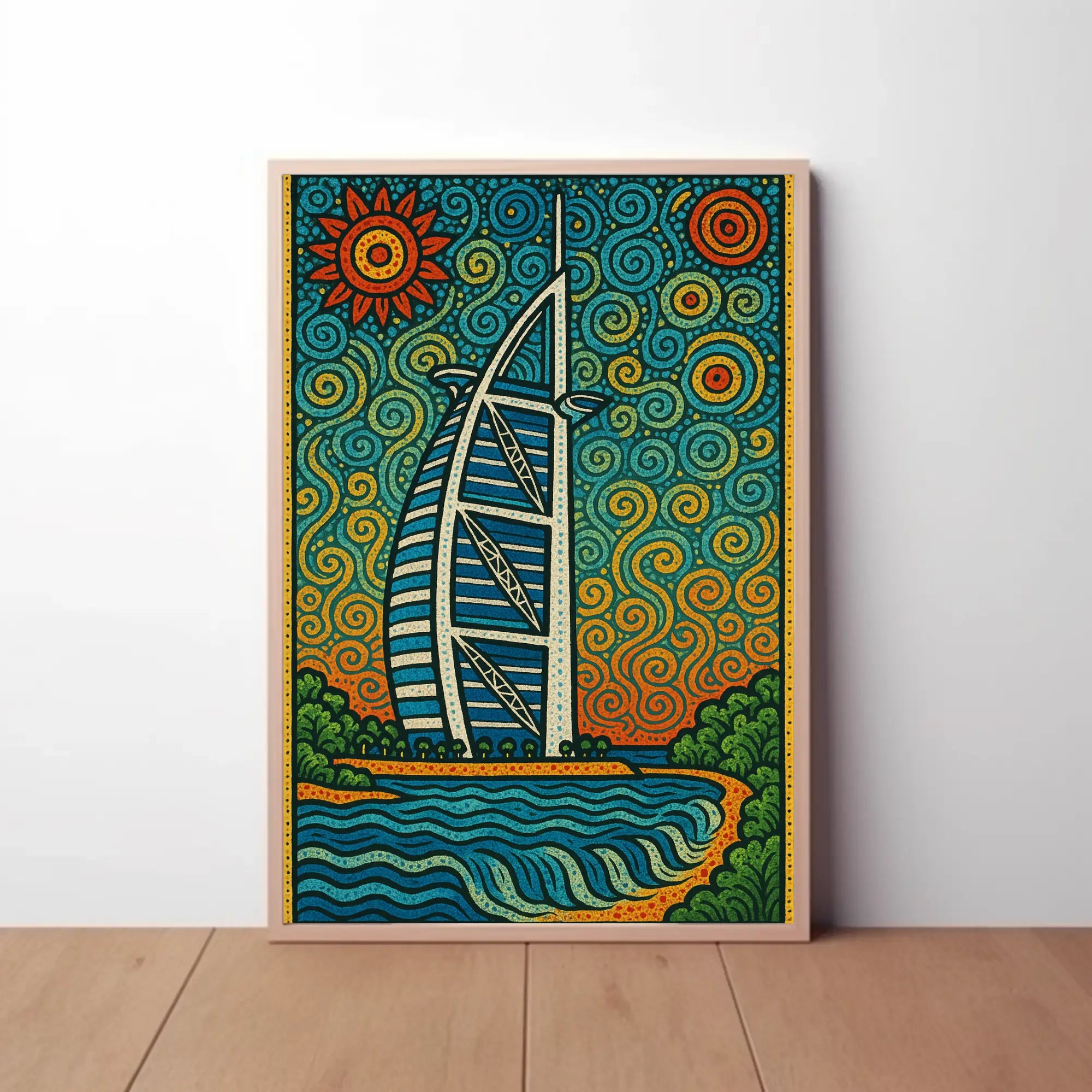 Stylized Burj Al Arab Coastal Art Travel Poster PosterGoat