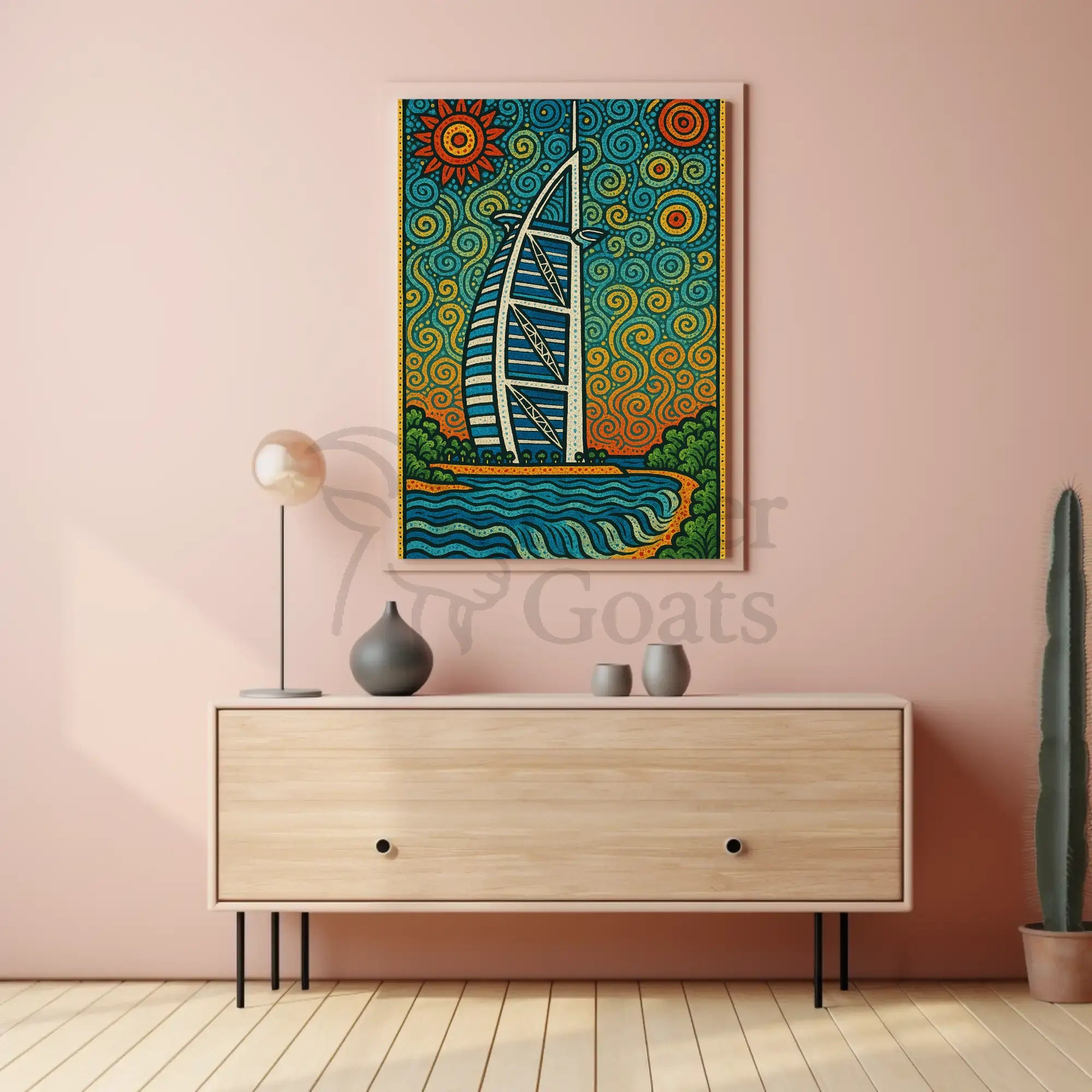 Stylized Burj Al Arab Coastal Art Travel Poster PosterGoat
