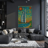 Stylized Burj Al Arab Coastal Art Travel Poster PosterGoat