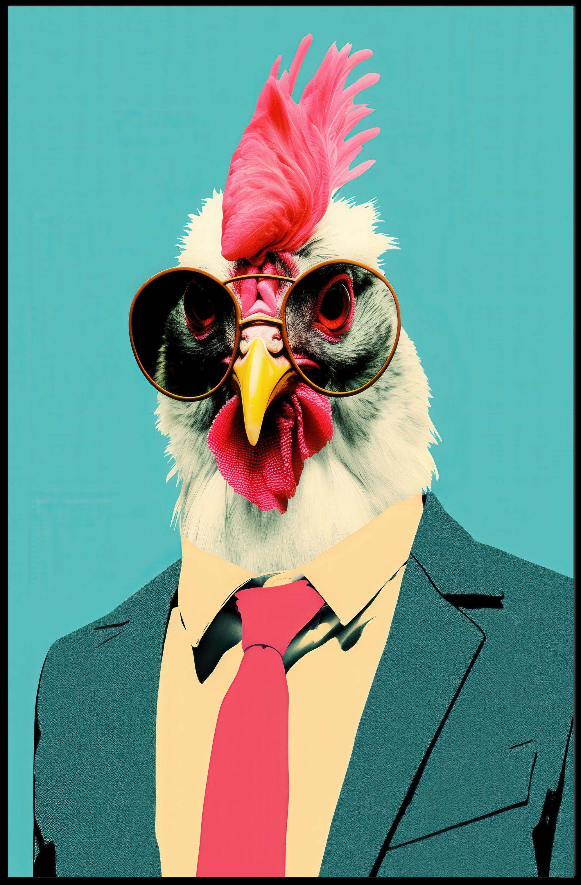 Stylized Chicken in Formal Attire Pop Culture Poster PosterGoat