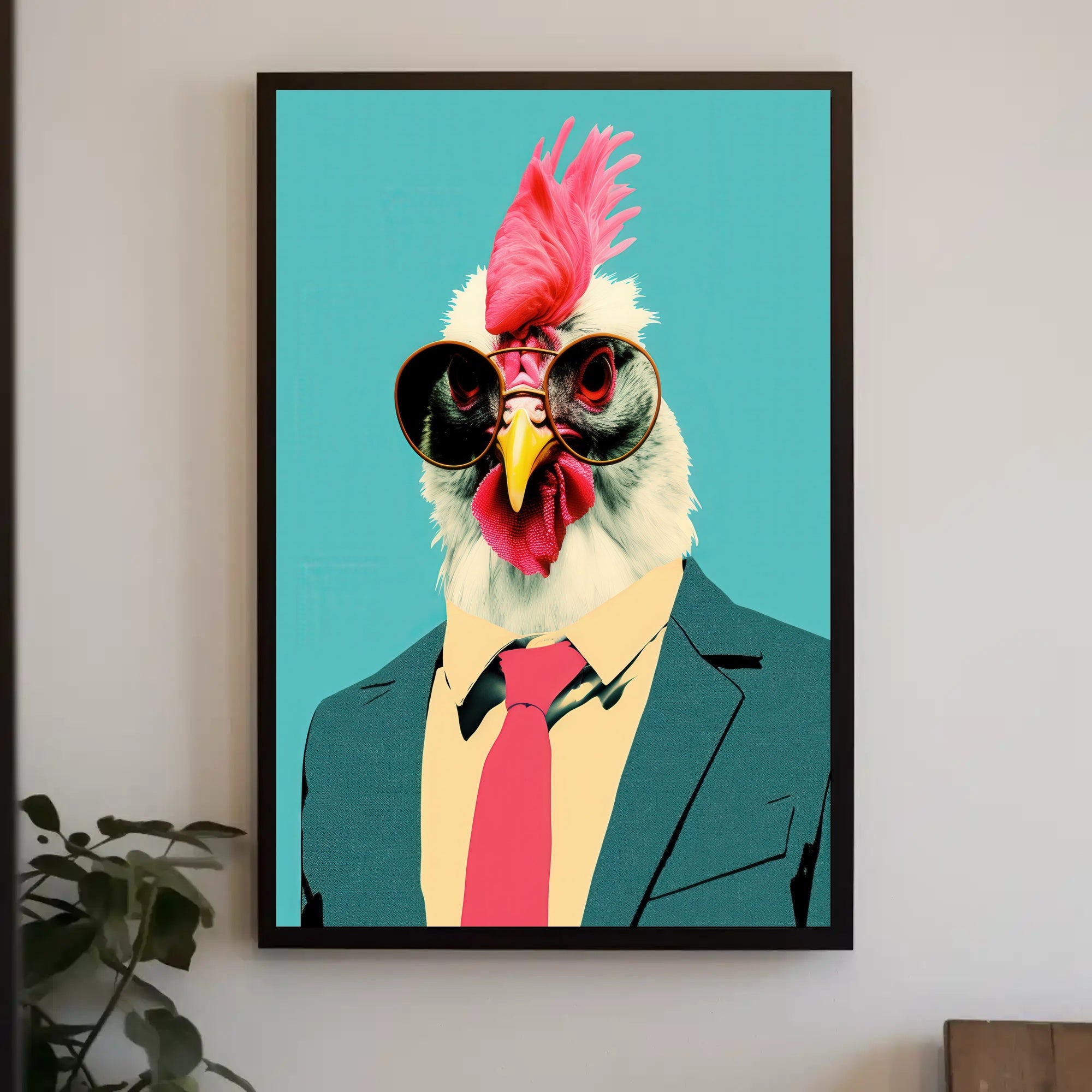Stylized Chicken in Formal Attire Pop Culture Poster PosterGoat