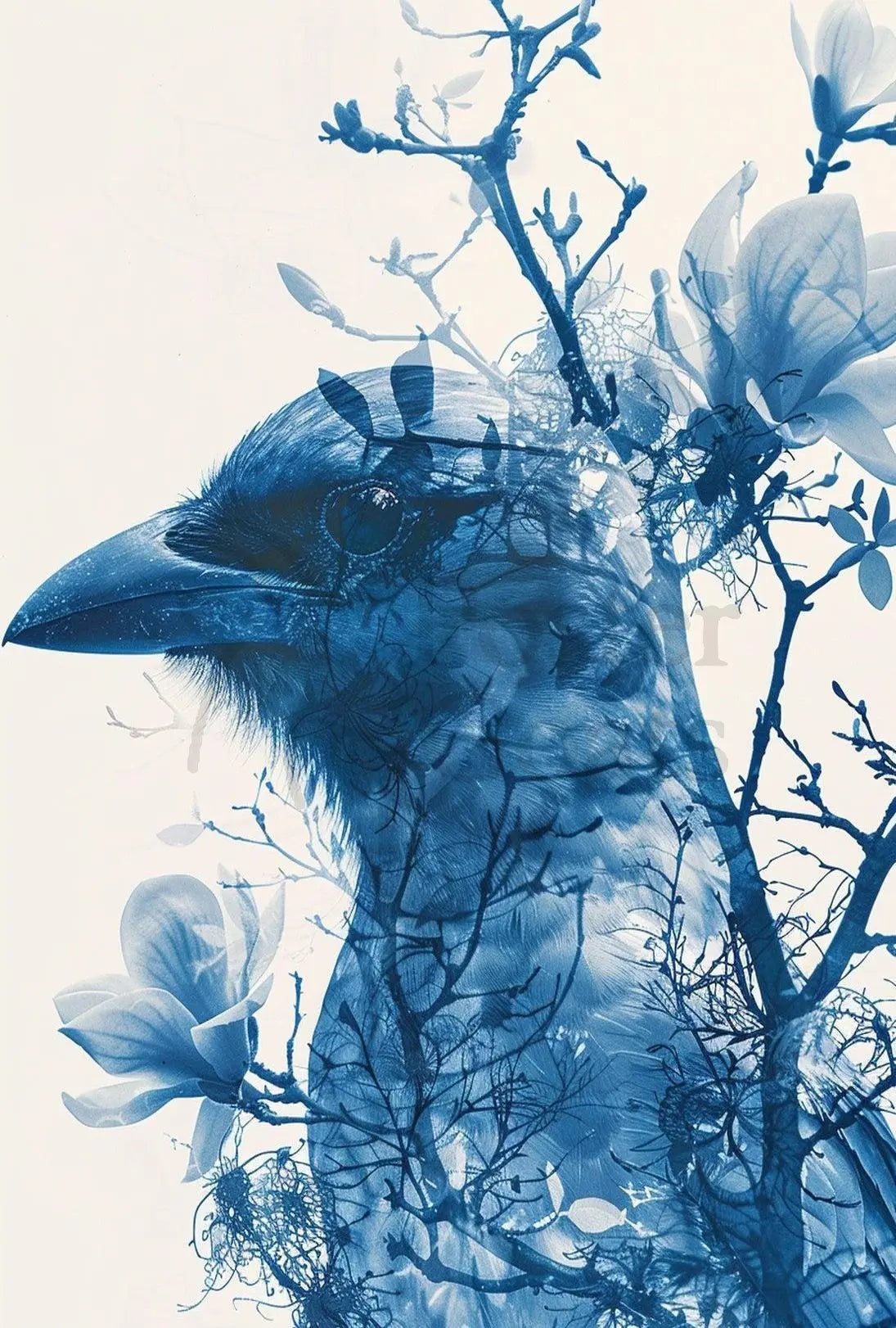 Stylized Crow and Floral Double Exposure Artistic Poster PosterGoat