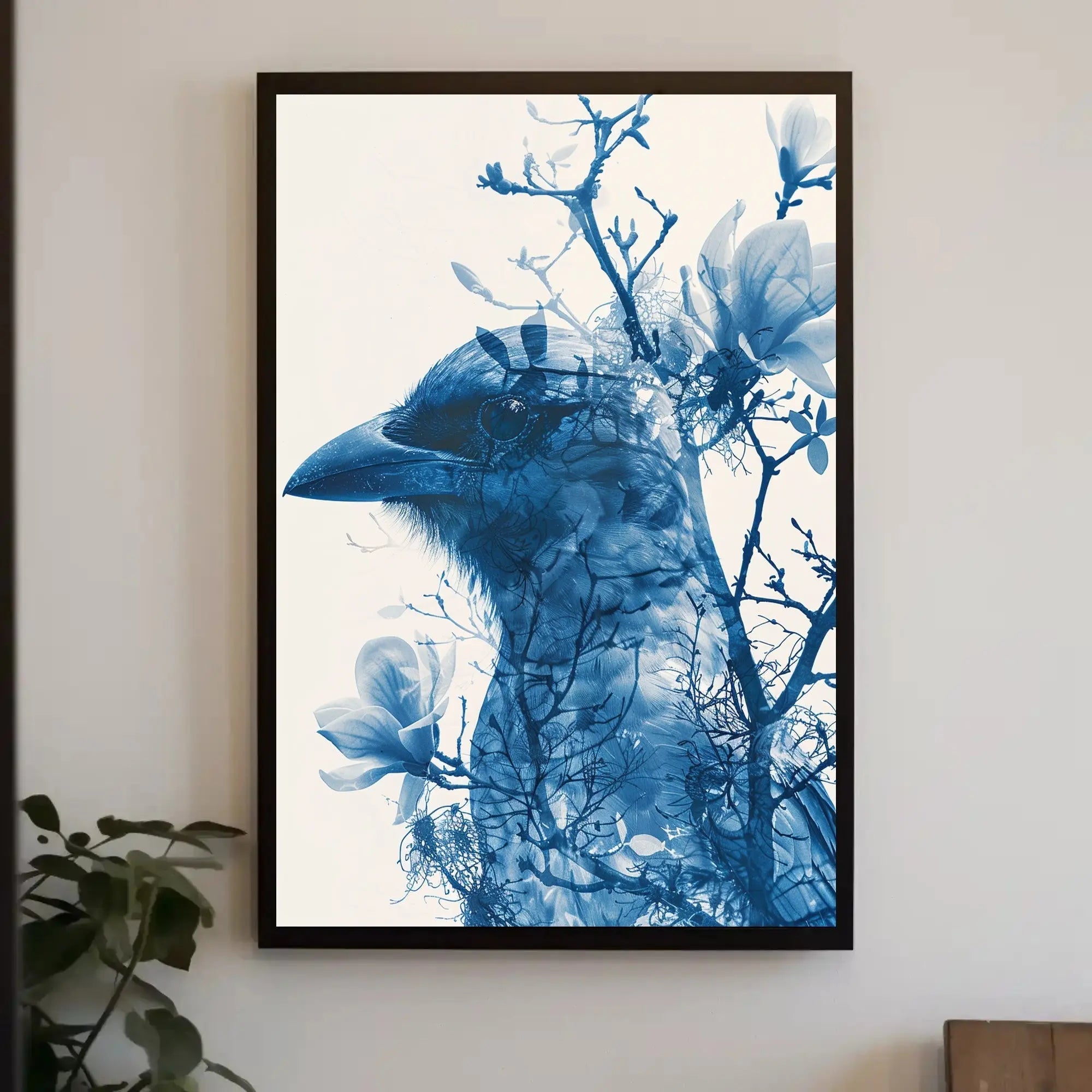 Stylized Crow and Floral Double Exposure Artistic Poster PosterGoat
