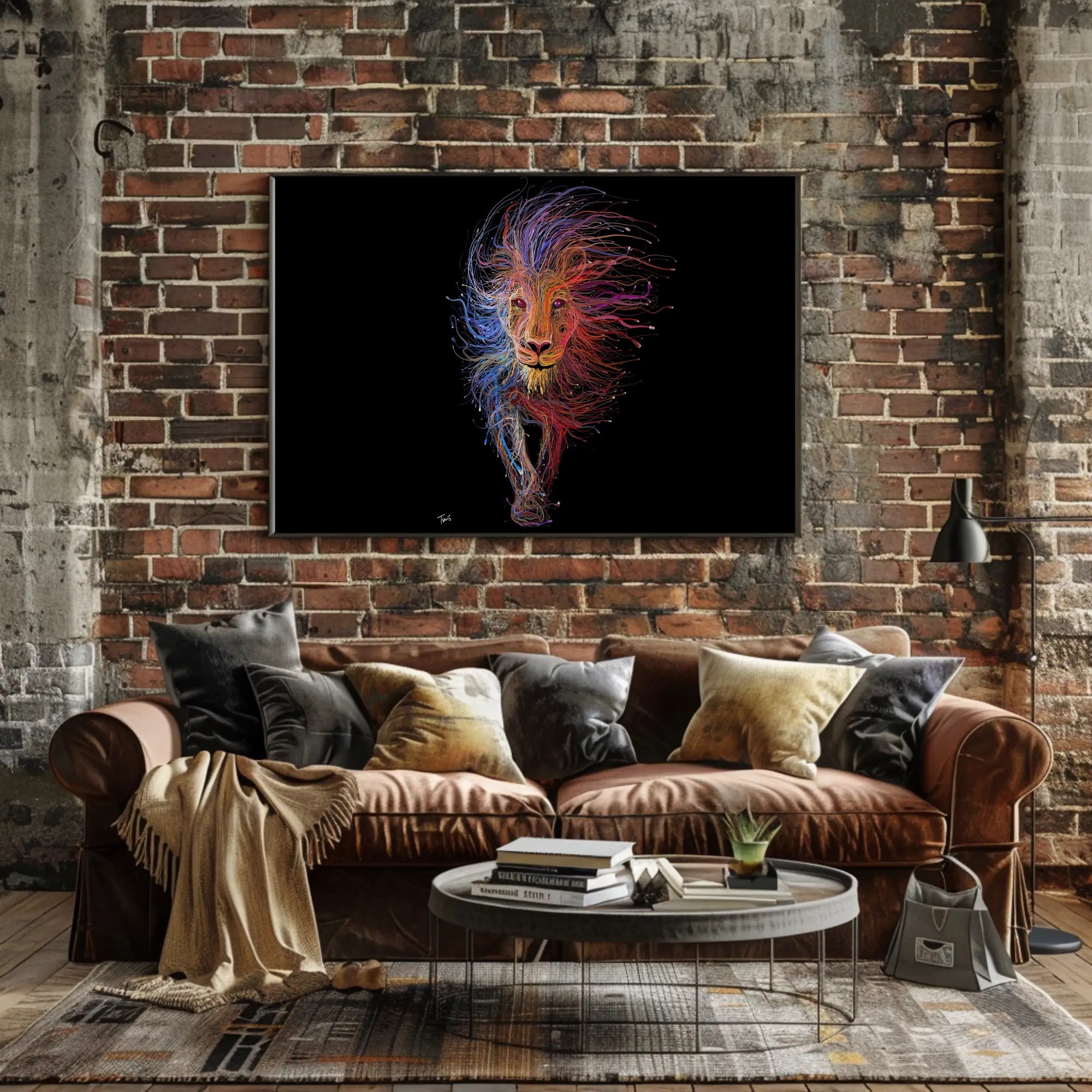 Stylized Dynamic Lion Illustration: Vibrant Artistic Animal Poster PosterGoat