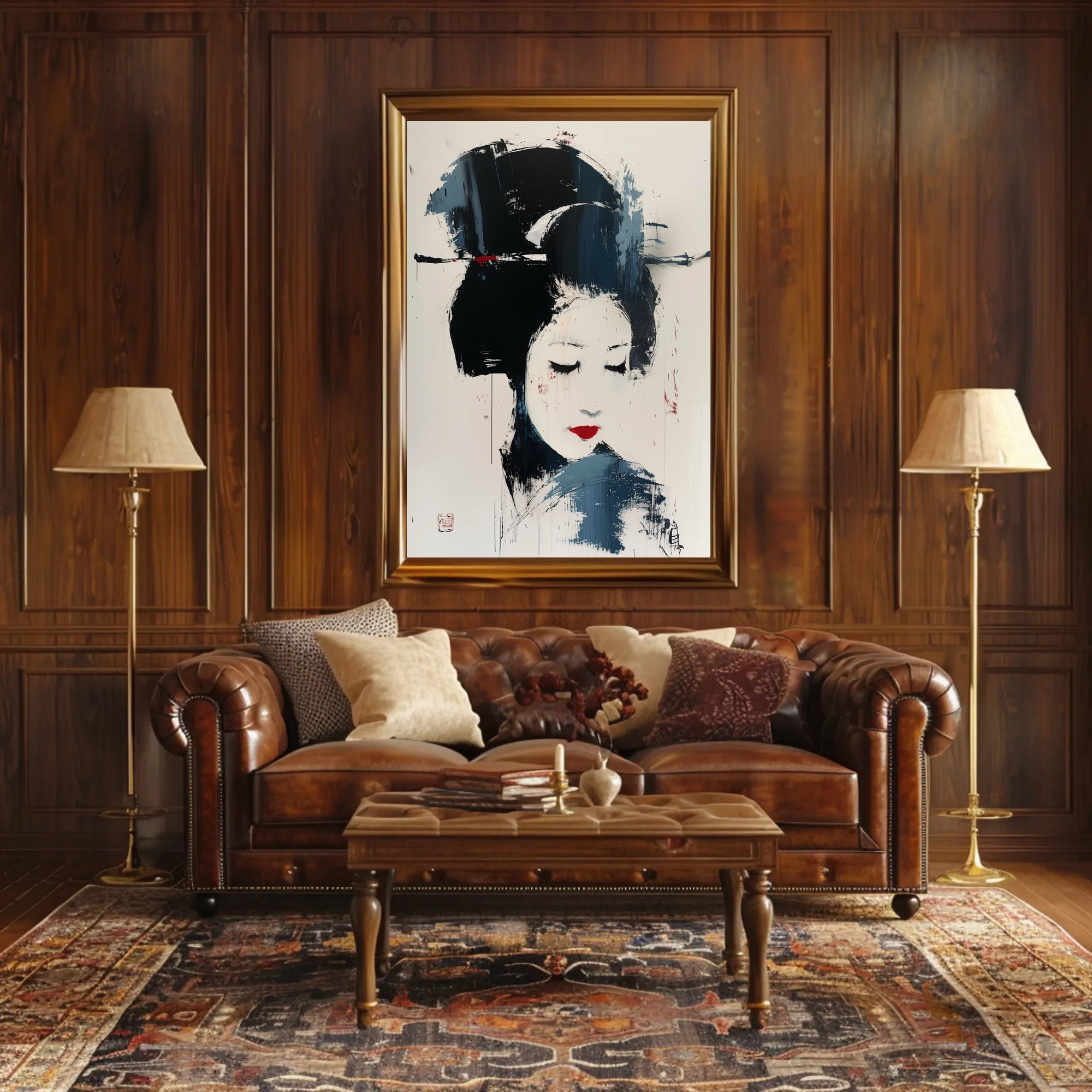 Stylized Geisha Portrait in Abstract Artistic Poster PosterGoat